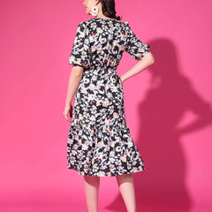 Black Floral Puff Sleeve Crepe Fit & Flare Midi Dress with Round Neck, Short Sleeves, Gathered Details, and Flared Hemline