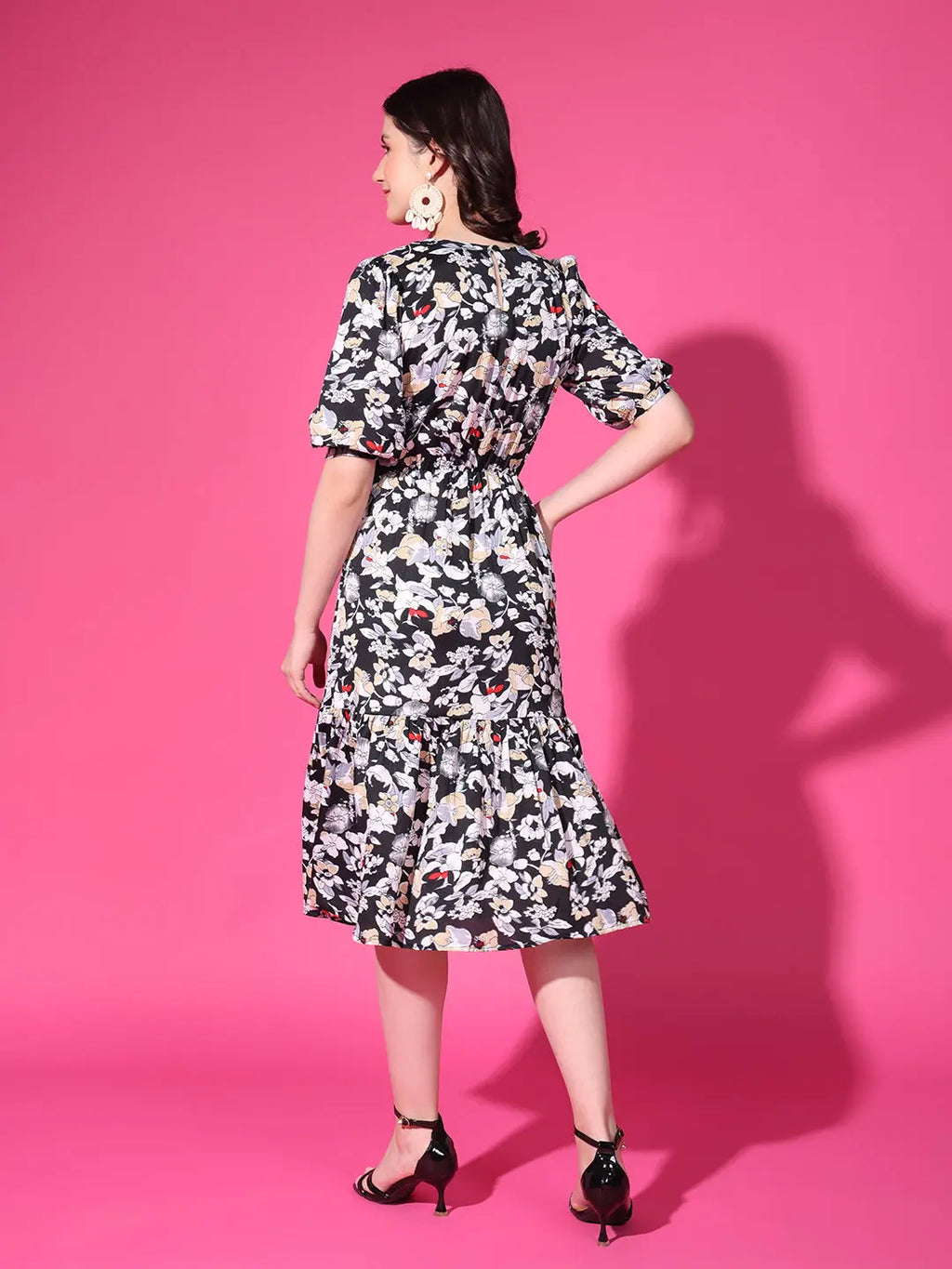 Black Floral Puff Sleeve Crepe Fit & Flare Midi Dress with Round Neck, Short Sleeves, Gathered Details, and Flared Hemline