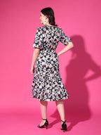 Black Floral Puff Sleeve Crepe Fit & Flare Midi Dress with Round Neck, Short Sleeves, Gathered Details, and Flared Hemline