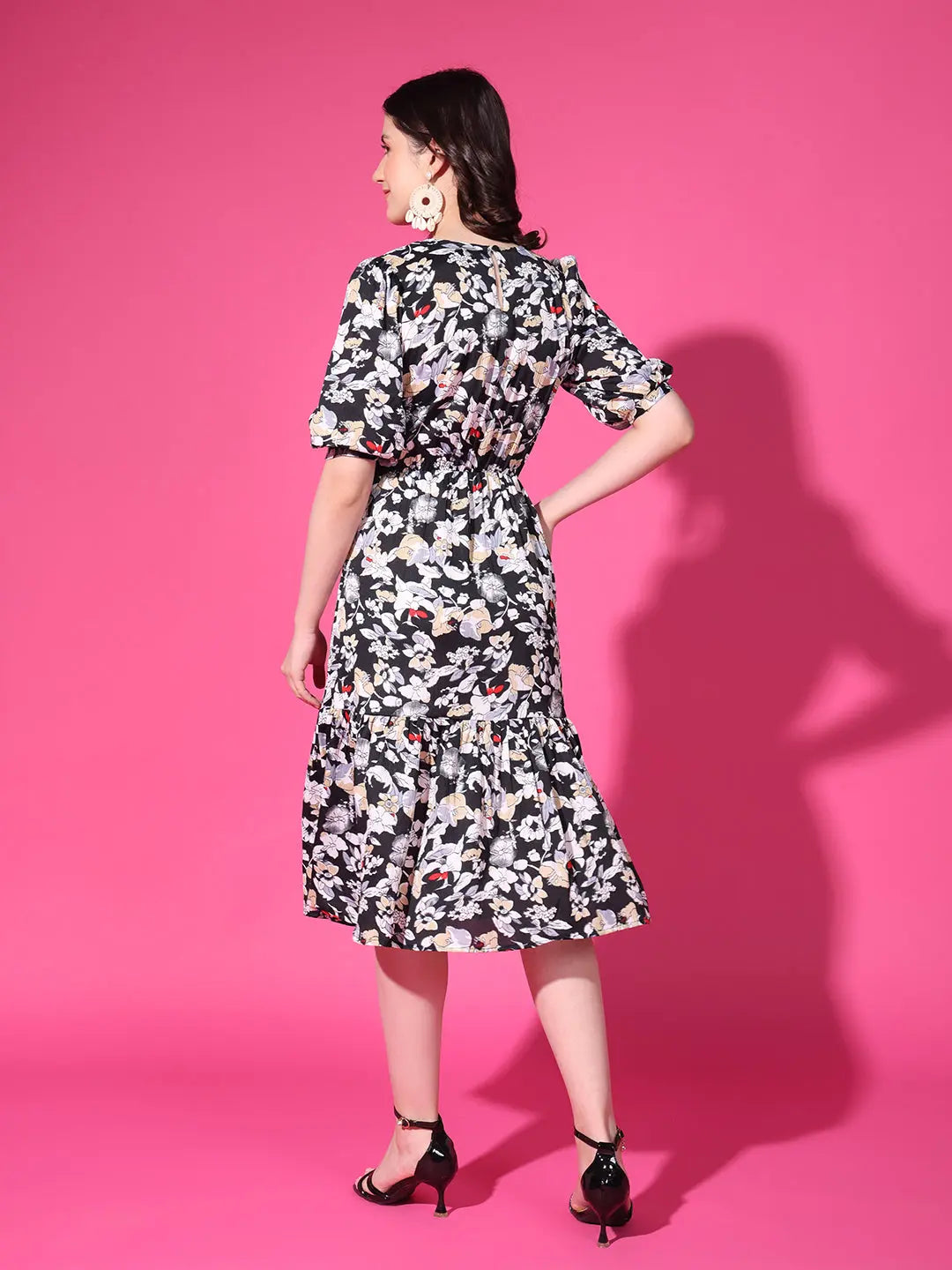 Black Floral Puff Sleeve Crepe Fit & Flare Midi Dress with Round Neck, Short Sleeves, Gathered Details, and Flared Hemline