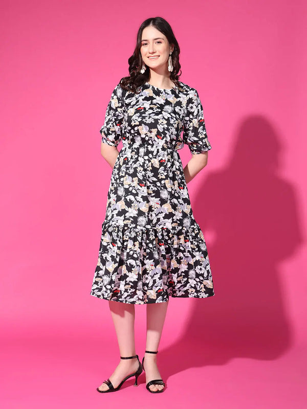 Black Floral Puff Sleeve Crepe Fit & Flare Midi Dress with Round Neck, Short Sleeves, Gathered Details, and Flared Hemline
