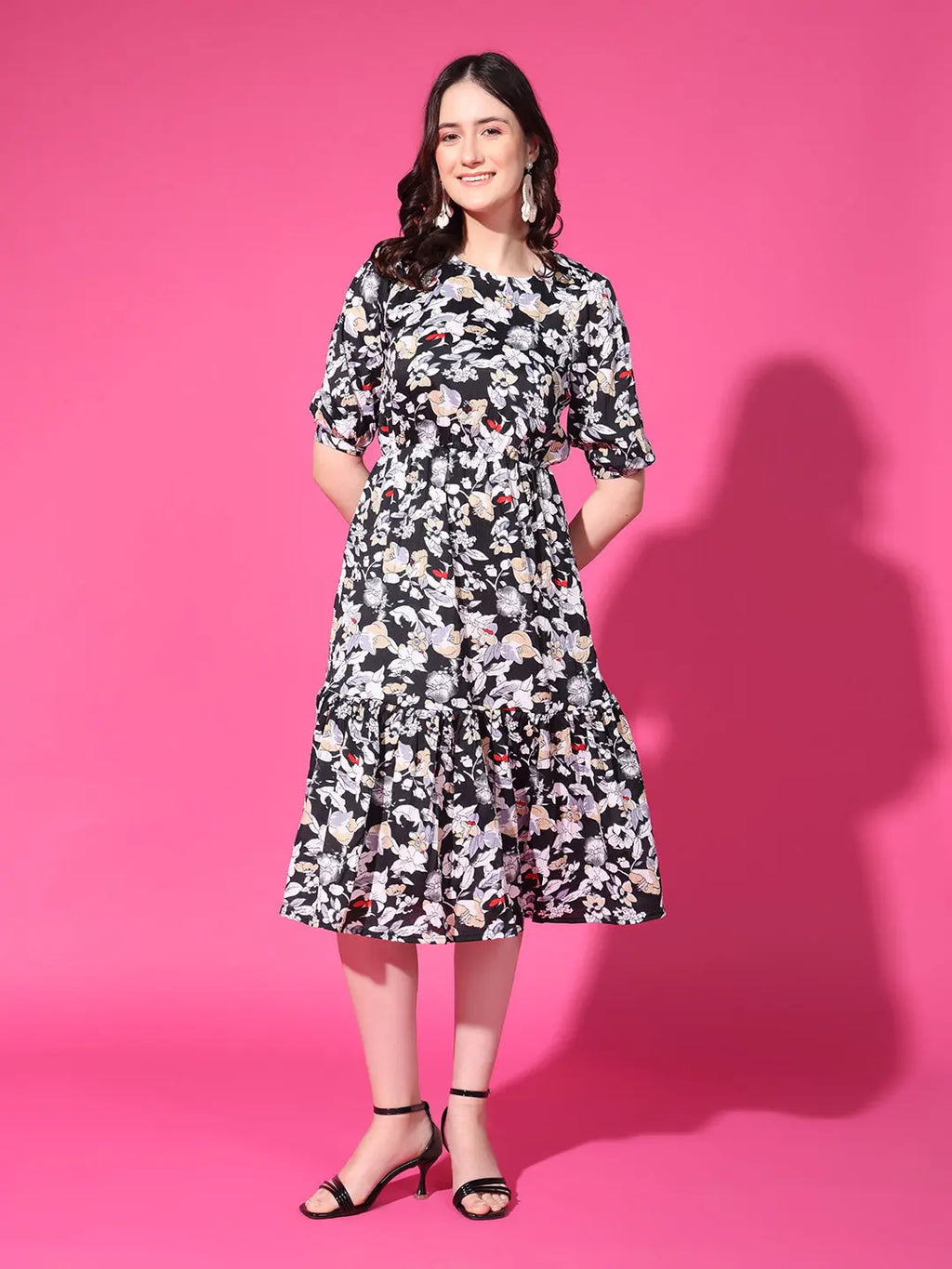 Black Floral Puff Sleeve Crepe Fit & Flare Midi Dress with Round Neck, Short Sleeves, Gathered Details, and Flared Hemline
