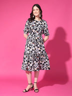 Black Floral Puff Sleeve Crepe Fit & Flare Midi Dress with Round Neck, Short Sleeves, Gathered Details, and Flared Hemline