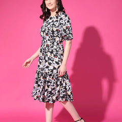 Black Floral Puff Sleeve Crepe Fit & Flare Midi Dress with Round Neck, Short Sleeves, Gathered Details, and Flared Hemline