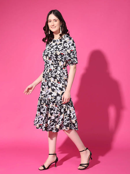 Black Floral Puff Sleeve Crepe Fit & Flare Midi Dress with Round Neck, Short Sleeves, Gathered Details, and Flared Hemline