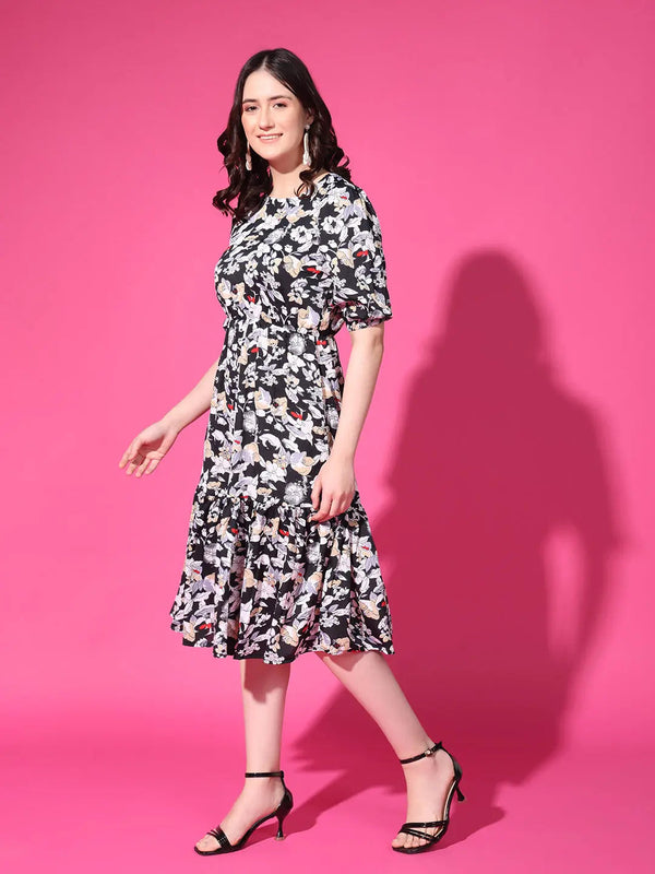 Black Floral Puff Sleeve Crepe Fit & Flare Midi Dress with Round Neck, Short Sleeves, Gathered Details, and Flared Hemline