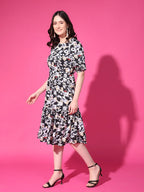 Black Floral Puff Sleeve Crepe Fit & Flare Midi Dress with Round Neck, Short Sleeves, Gathered Details, and Flared Hemline