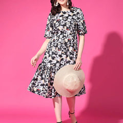 Black Floral Puff Sleeve Crepe Fit & Flare Midi Dress with Round Neck, Short Sleeves, Gathered Details, and Flared Hemline