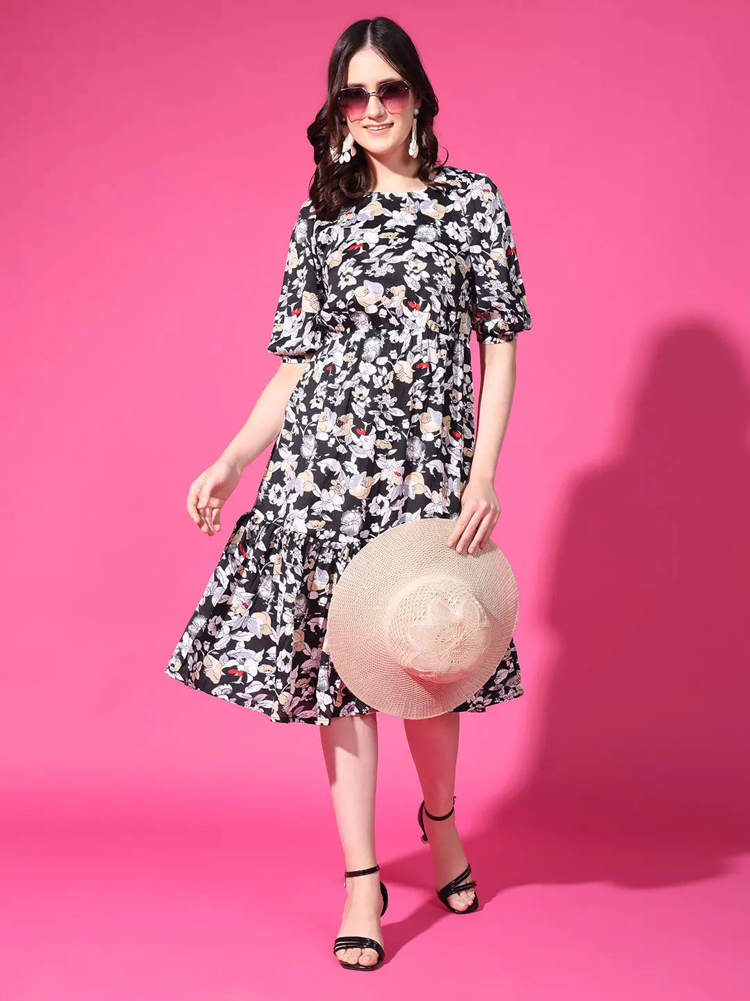 Black Floral Puff Sleeve Crepe Fit & Flare Midi Dress with Round Neck, Short Sleeves, Gathered Details, and Flared Hemline Main image