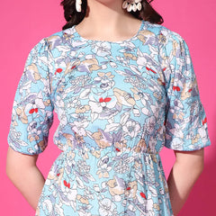 Sky Blue Floral Puff Sleeve Crepe Fit & Flare Midi Dress with Round Neck, Short Sleeves, Gathered Details, and Flared Hemline