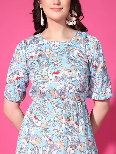 Sky Blue Floral Puff Sleeve Crepe Fit & Flare Midi Dress with Round Neck, Short Sleeves, Gathered Details, and Flared Hemline