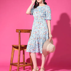 Sky Blue Floral Puff Sleeve Crepe Fit & Flare Midi Dress with Round Neck, Short Sleeves, Gathered Details, and Flared Hemline