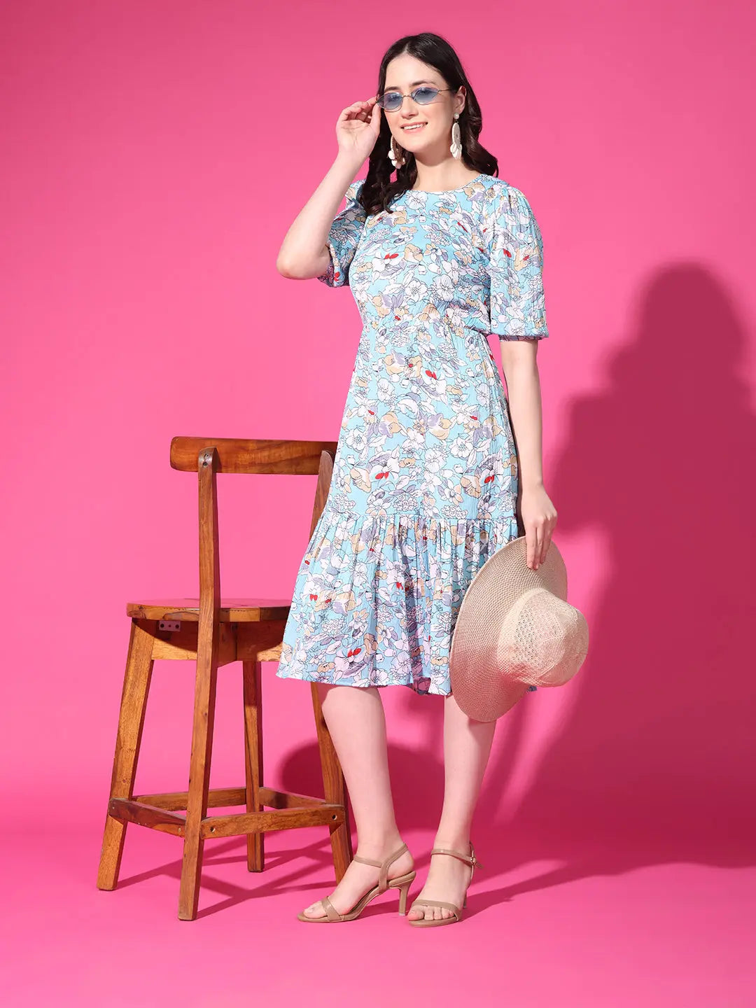 Sky Blue Floral Puff Sleeve Crepe Fit & Flare Midi Dress with Round Neck, Short Sleeves, Gathered Details, and Flared Hemline Main image