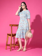 Sky Blue Floral Puff Sleeve Crepe Fit & Flare Midi Dress with Round Neck, Short Sleeves, Gathered Details, and Flared Hemline