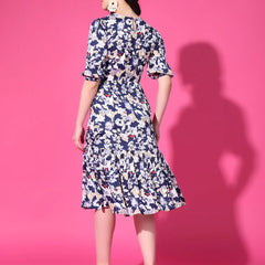 Navy Blue Floral Puff Sleeve Crepe Fit & Flare Midi Dress with Round Neck, Short Sleeves, Gathered Details, and Flared Hemline