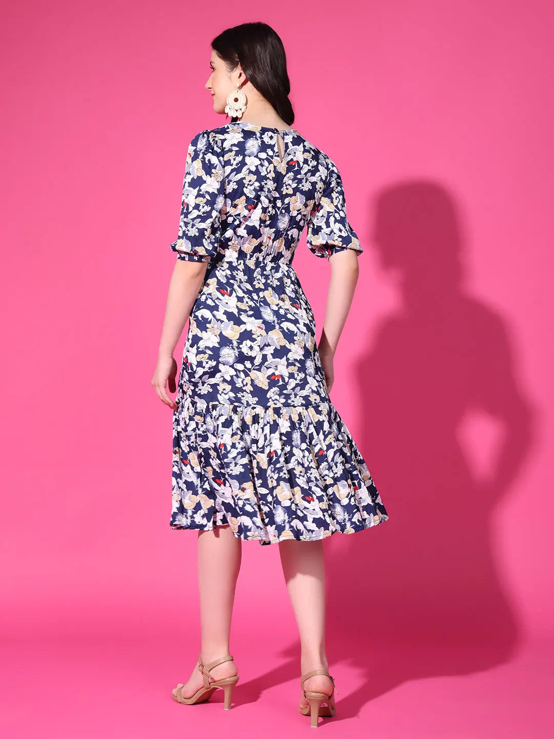 Navy Blue Floral Puff Sleeve Crepe Fit & Flare Midi Dress with Round Neck, Short Sleeves, Gathered Details, and Flared Hemline