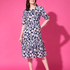 Navy Blue Floral Puff Sleeve Crepe Fit & Flare Midi Dress with Round Neck, Short Sleeves, Gathered Details, and Flared Hemline