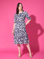 Navy Blue Floral Puff Sleeve Crepe Fit & Flare Midi Dress with Round Neck, Short Sleeves, Gathered Details, and Flared Hemline
