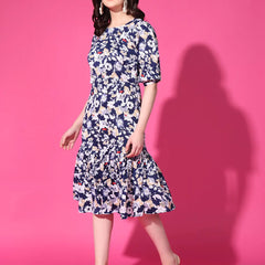 Navy Blue Floral Puff Sleeve Crepe Fit & Flare Midi Dress with Round Neck, Short Sleeves, Gathered Details, and Flared Hemline