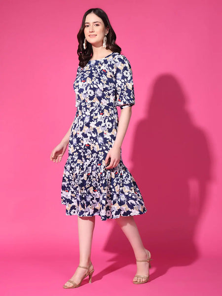 Navy Blue Floral Puff Sleeve Crepe Fit & Flare Midi Dress with Round Neck, Short Sleeves, Gathered Details, and Flared Hemline