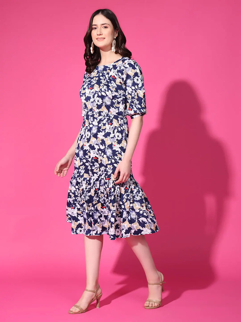 Navy Blue Floral Puff Sleeve Crepe Fit & Flare Midi Dress with Round Neck, Short Sleeves, Gathered Details, and Flared Hemline