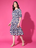 Navy Blue Floral Puff Sleeve Crepe Fit & Flare Midi Dress with Round Neck, Short Sleeves, Gathered Details, and Flared Hemline