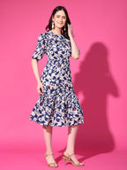 Navy Blue Floral Puff Sleeve Crepe Fit & Flare Midi Dress with Round Neck, Short Sleeves, Gathered Details, and Flared Hemline
