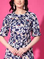 Navy Blue Floral Puff Sleeve Crepe Fit & Flare Midi Dress with Round Neck, Short Sleeves, Gathered Details, and Flared Hemline