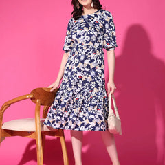 Navy Blue Floral Puff Sleeve Crepe Fit & Flare Midi Dress with Round Neck, Short Sleeves, Gathered Details, and Flared Hemline