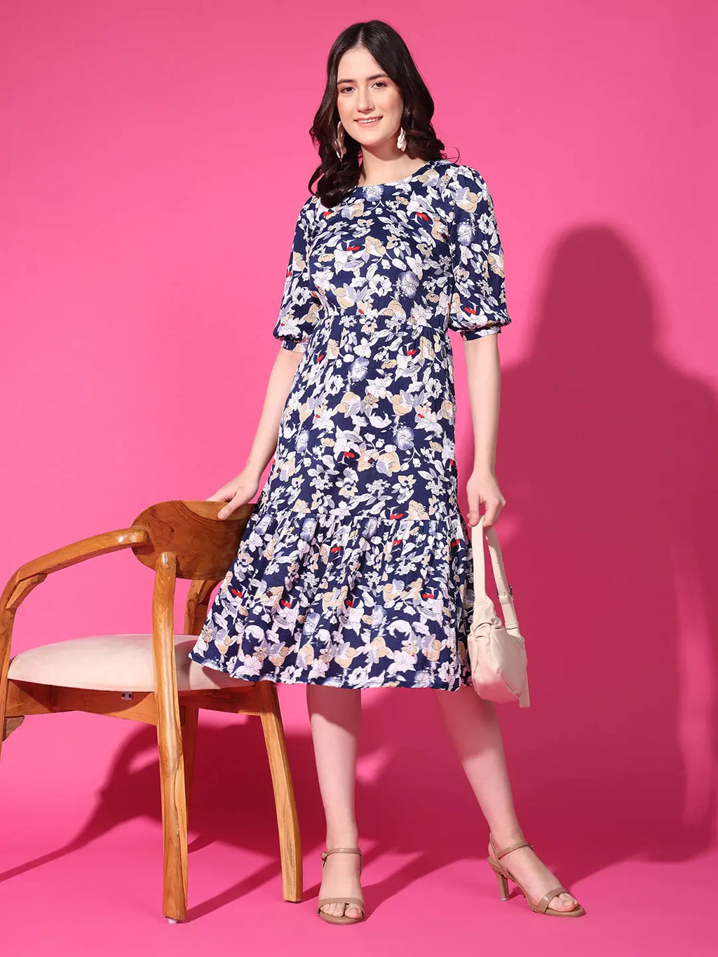 Navy Blue Floral Puff Sleeve Crepe Fit & Flare Midi Dress with Round Neck, Short Sleeves, Gathered Details, and Flared Hemline