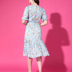 Sky Blue Floral Puff Sleeve Crepe Fit & Flare Midi Dress with Round Neck, Short Sleeves, Gathered Details, and Flared Hemline