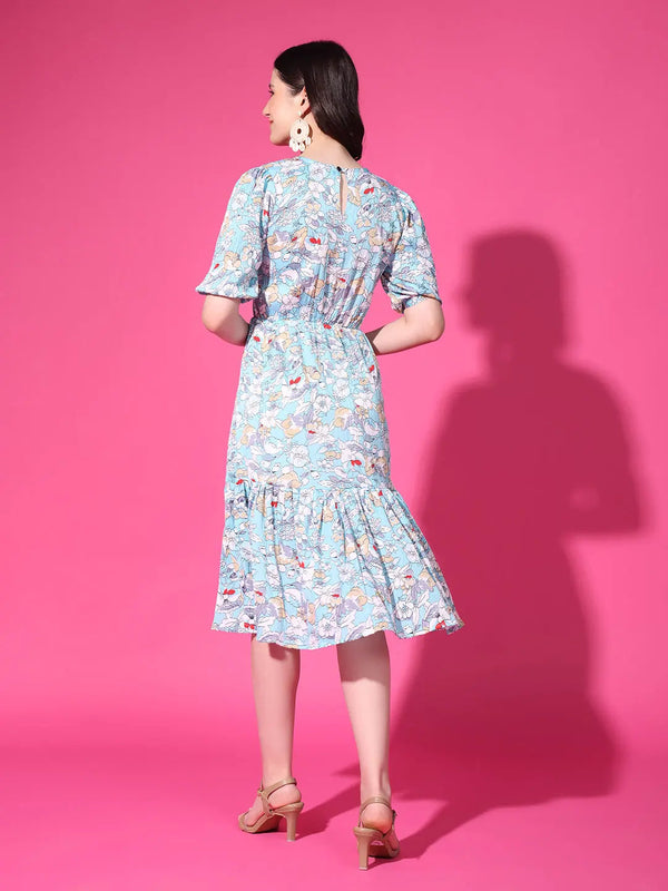 Sky Blue Floral Puff Sleeve Crepe Fit & Flare Midi Dress with Round Neck, Short Sleeves, Gathered Details, and Flared Hemline