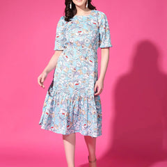 Sky Blue Floral Puff Sleeve Crepe Fit & Flare Midi Dress with Round Neck, Short Sleeves, Gathered Details, and Flared Hemline