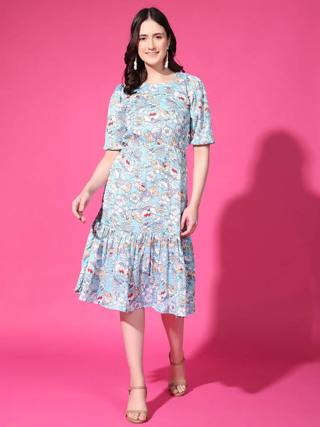 Sky Blue Floral Puff Sleeve Crepe Fit & Flare Midi Dress with Round Neck, Short Sleeves, Gathered Details, and Flared Hemline