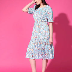 Sky Blue Floral Puff Sleeve Crepe Fit & Flare Midi Dress with Round Neck, Short Sleeves, Gathered Details, and Flared Hemline