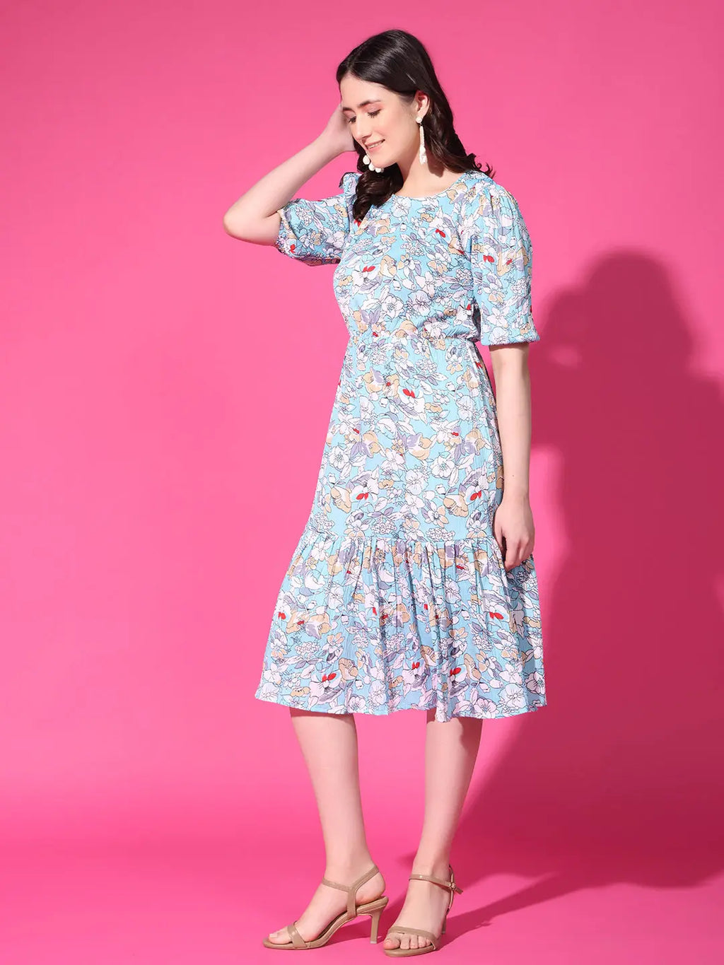 Sky Blue Floral Puff Sleeve Crepe Fit & Flare Midi Dress with Round Neck, Short Sleeves, Gathered Details, and Flared Hemline