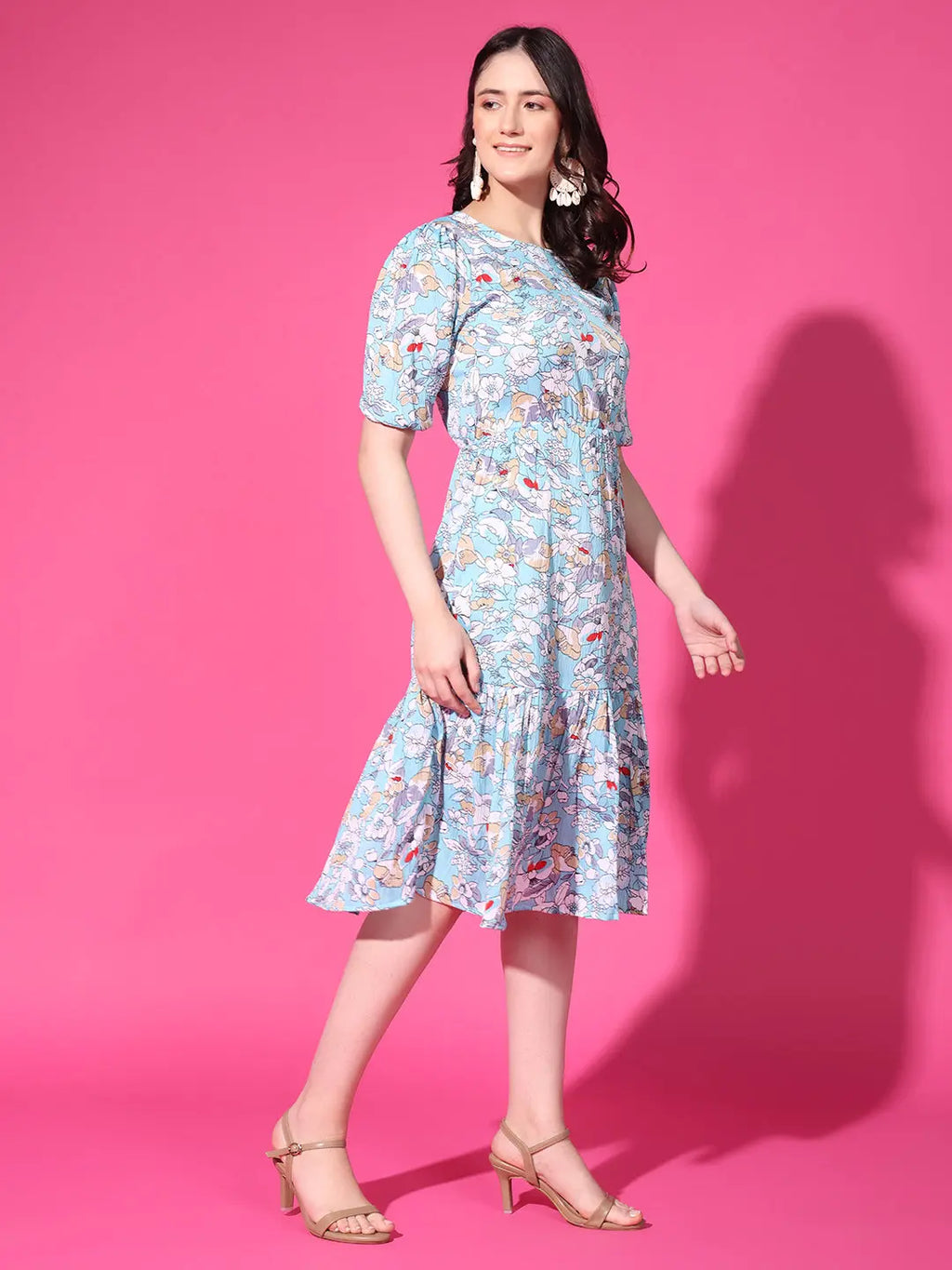 Sky Blue Floral Puff Sleeve Crepe Fit & Flare Midi Dress with Round Neck, Short Sleeves, Gathered Details, and Flared Hemline