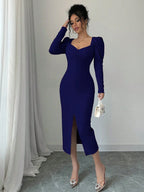 Istyle Can Navy Blue Square Neck Puff Sleeve Bodycon Dress Istyle Can