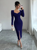 Istyle Can Navy Blue Square Neck Puff Sleeve Bodycon Dress Istyle Can