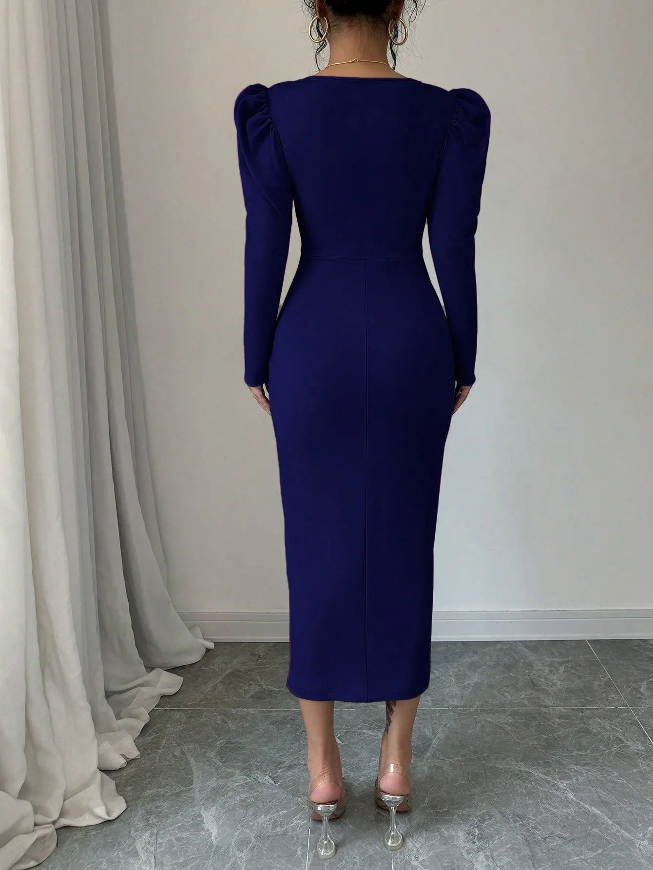 Istyle Can Navy Blue Square Neck Puff Sleeve Bodycon Dress Istyle Can