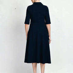 Istyle Can Navy Blue Serenity Button Up Front 3/4 Sleeves Fit and Flared Shirt Midi Dress My Store