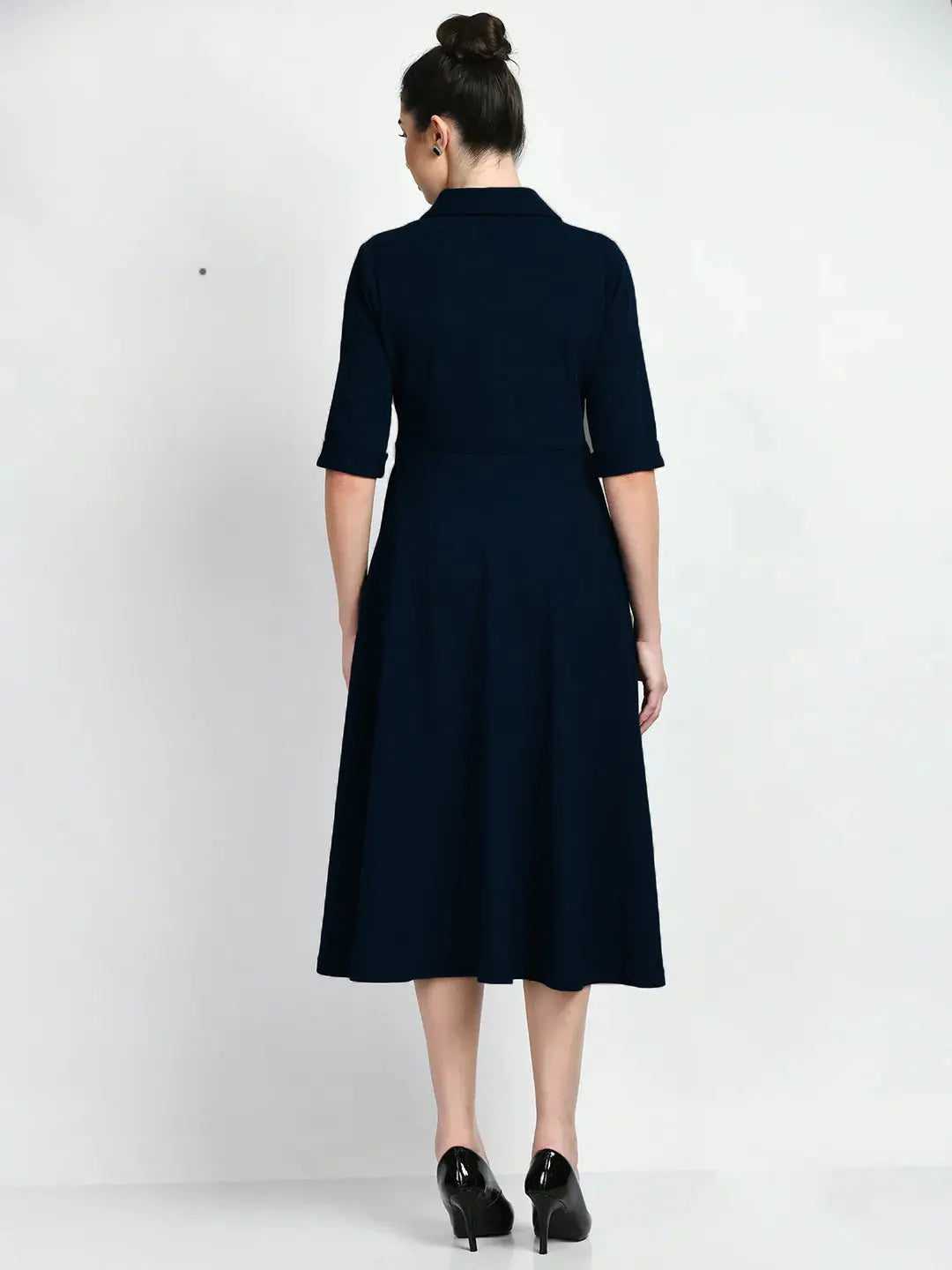 Istyle Can Navy Blue Serenity Button Up Front 3/4 Sleeves Fit and Flared Shirt Midi Dress Secondary image