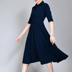 Istyle Can Navy Blue Serenity Button Up Front 3/4 Sleeves Fit and Flared Shirt Midi Dress My Store