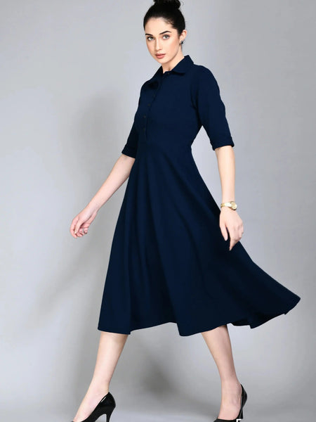 Istyle Can Navy Blue Serenity Button Up Front 3/4 Sleeves Fit and Flared Shirt Midi Dress My Store