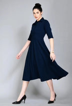 Istyle Can Navy Blue Serenity Button Up Front 3/4 Sleeves Fit and Flared Shirt Midi Dress My Store