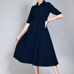 Istyle Can Navy Blue Serenity Button Up Front 3/4 Sleeves Fit and Flared Shirt Midi Dress My Store