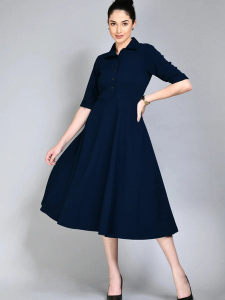 Istyle Can Navy Blue Serenity Button Up Front 3/4 Sleeves Fit and Flared Shirt Midi Dress My Store