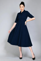 Istyle Can Navy Blue Serenity Button Up Front 3/4 Sleeves Fit and Flared Shirt Midi Dress My Store
