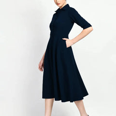 Istyle Can Navy Blue Serenity Button Up Front 3/4 Sleeves Fit and Flared Shirt Midi Dress My Store