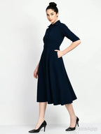 Istyle Can Navy Blue Serenity Button Up Front 3/4 Sleeves Fit and Flared Shirt Midi Dress My Store